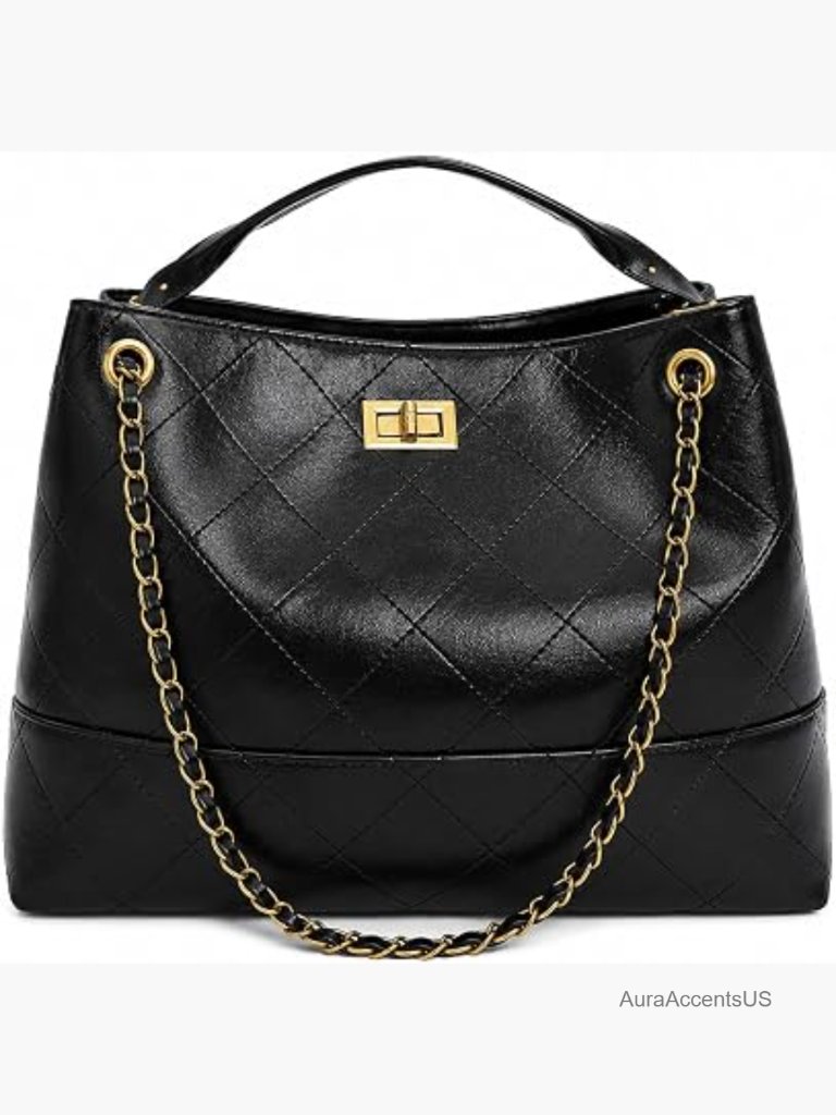 Quilted Faux Suede Tote Bag With Chain Strap Gold Hardware Shoulder Handbag